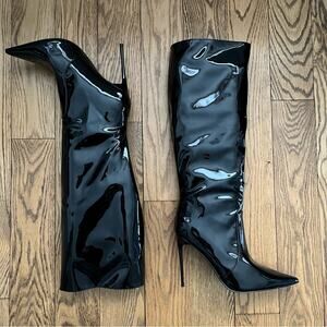 Steve Madden Panther Black Patent Stiletto Knee-High Boots Sz 12. New